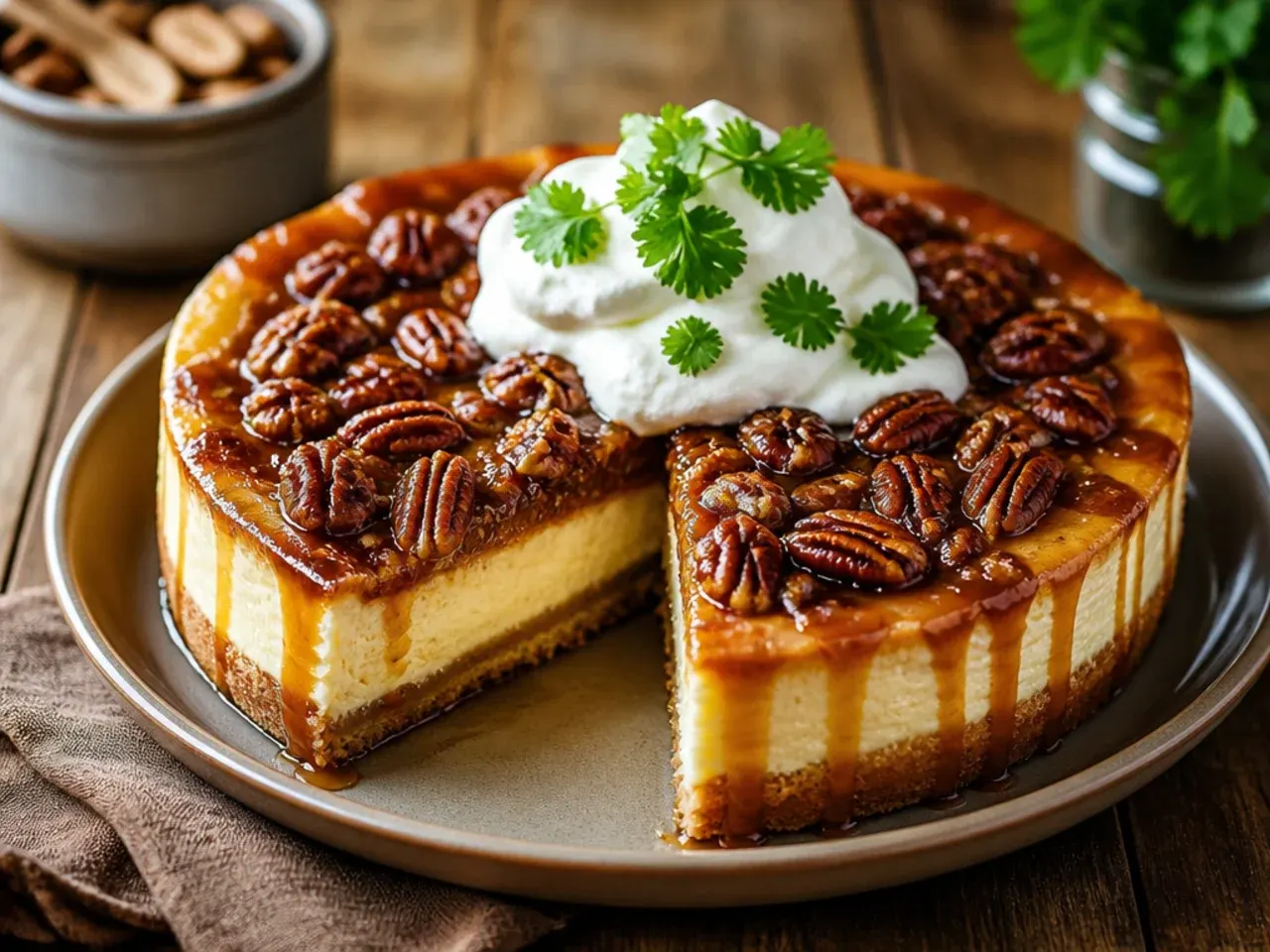 Small pressure-cooker pecan cheesecake being lifted out of an electric pressure cooker