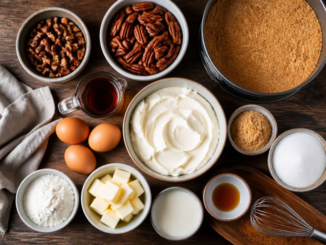 Close-up of cheesecake batter being mixed smoothly in a glass bowl