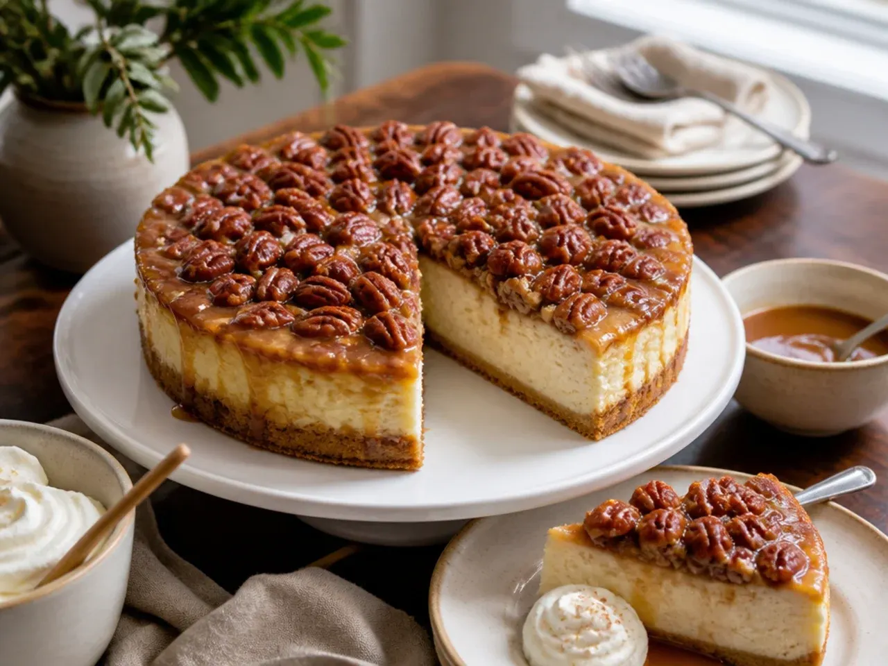Slice of pecan pie cheesecake served on a plate with whipped cream and a pecan half