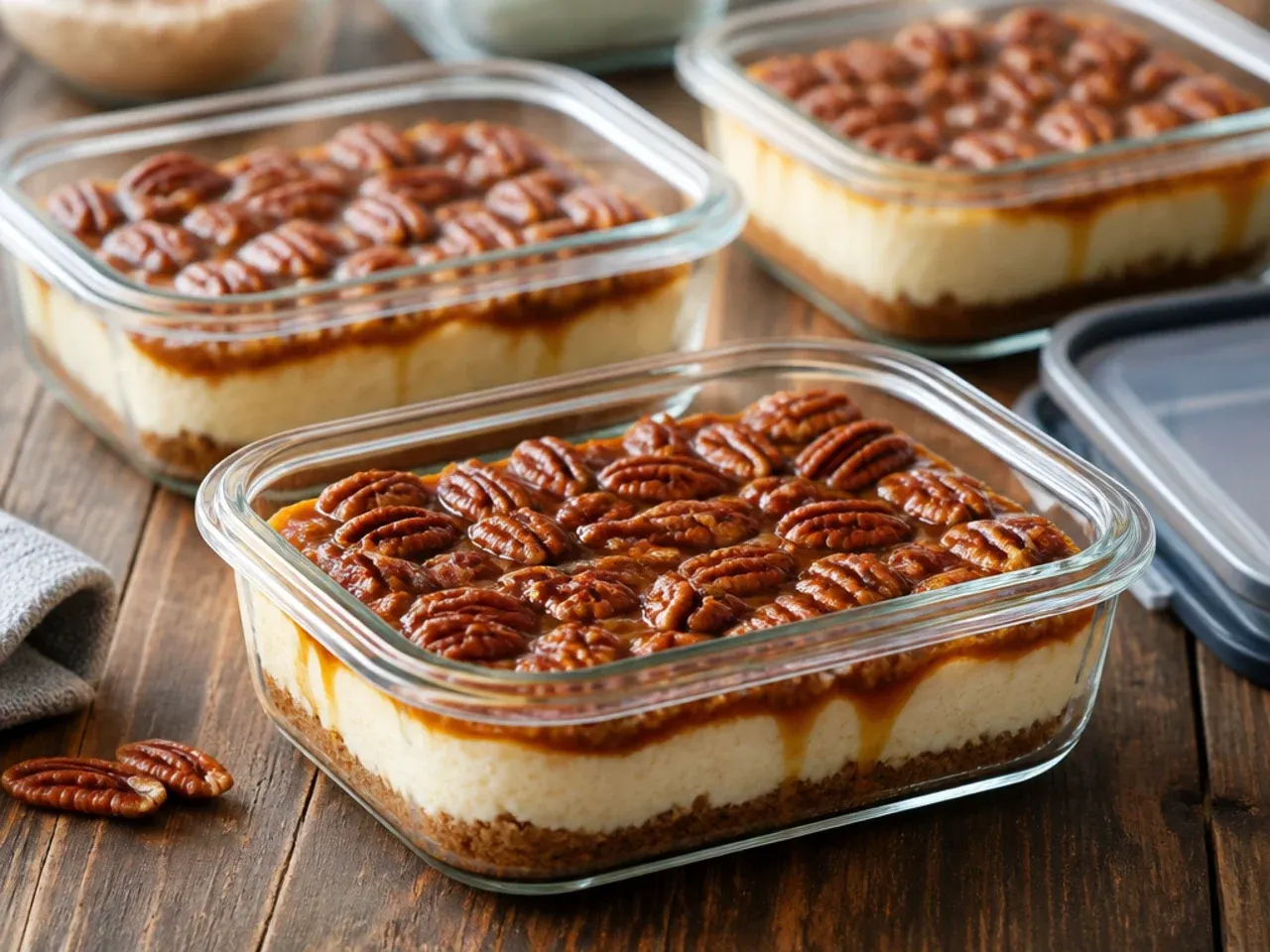 Pecan pie cheesecake wrapped and stored in its tin in the fridge