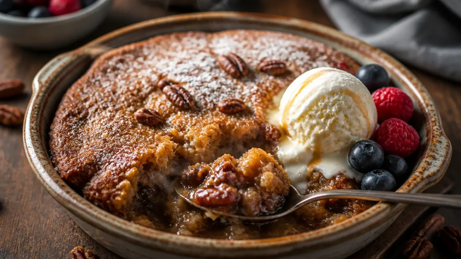 Overhead shot of golden pecan pie cobbler in a baking dish with a scoop of vanilla ice cream melting into the caramel