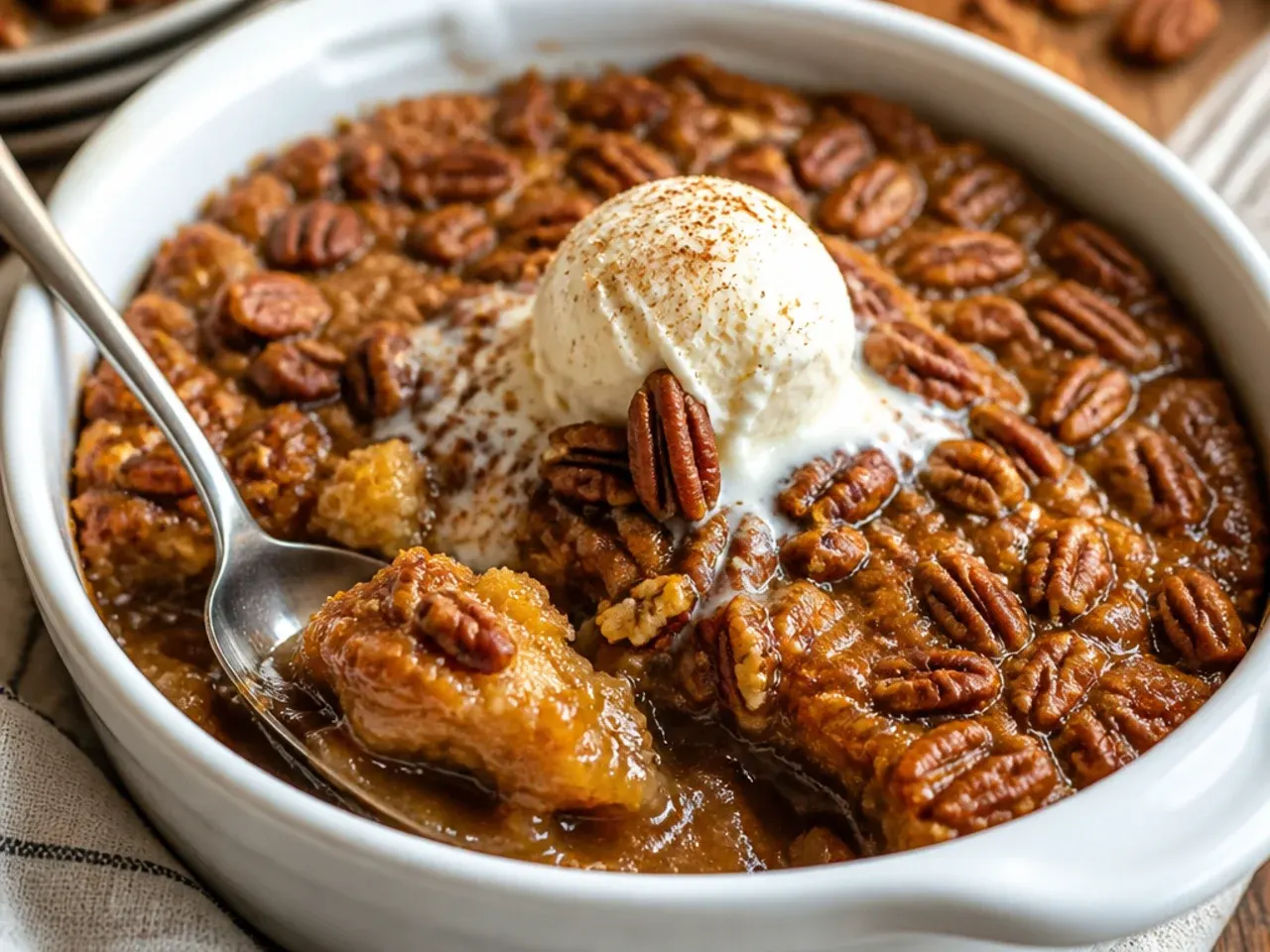 Golden pecan pie cobbler bubbling in a white baking dish, fresh out of the oven