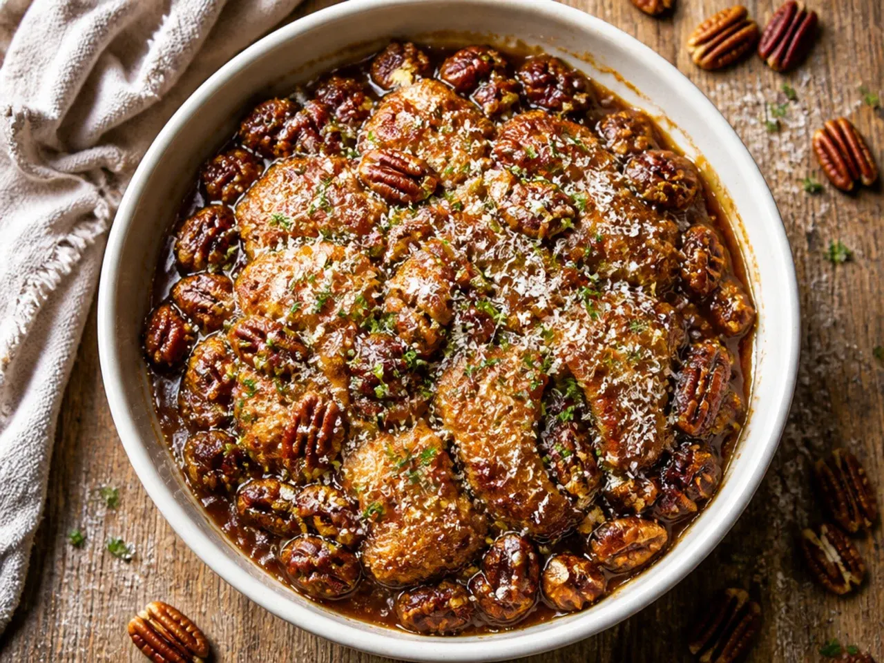 Classic pecan pie cobbler with a golden cake top and bubbling caramel edges