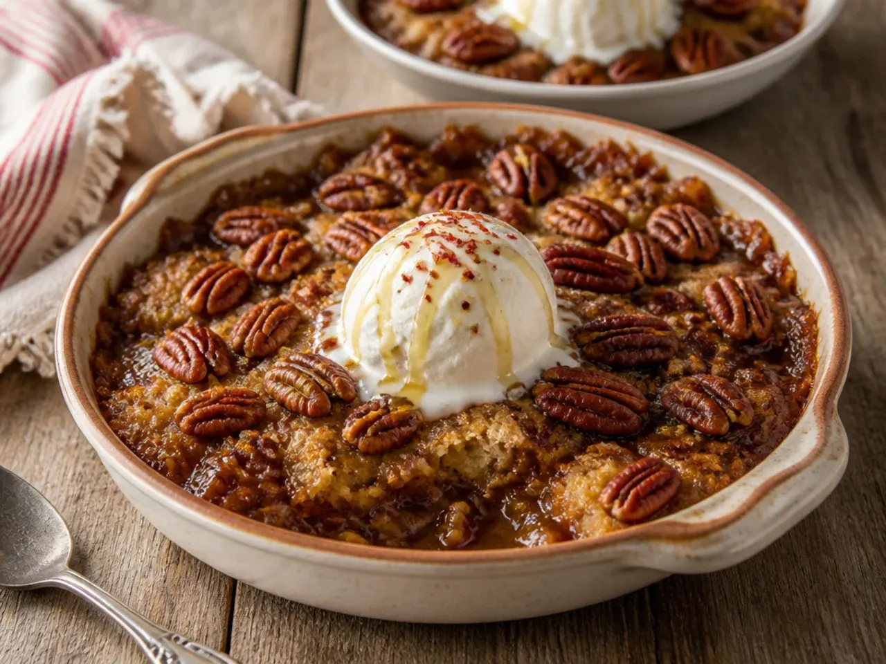 Easy pecan pie cobbler made with cake mix batter and pecan topping