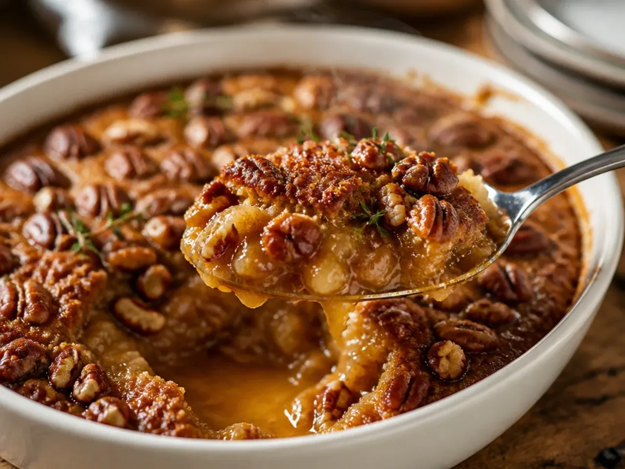 Pecan pie cobbler topped with toasted pecans and orange zest
