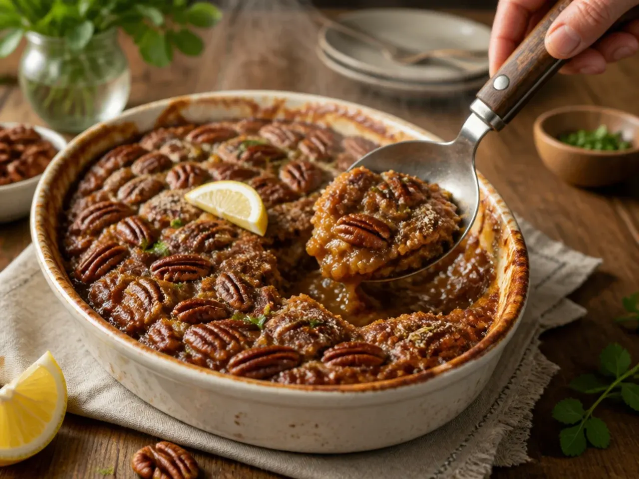 Cozy spiced pecan pie cobbler served warm with cinnamon ice cream