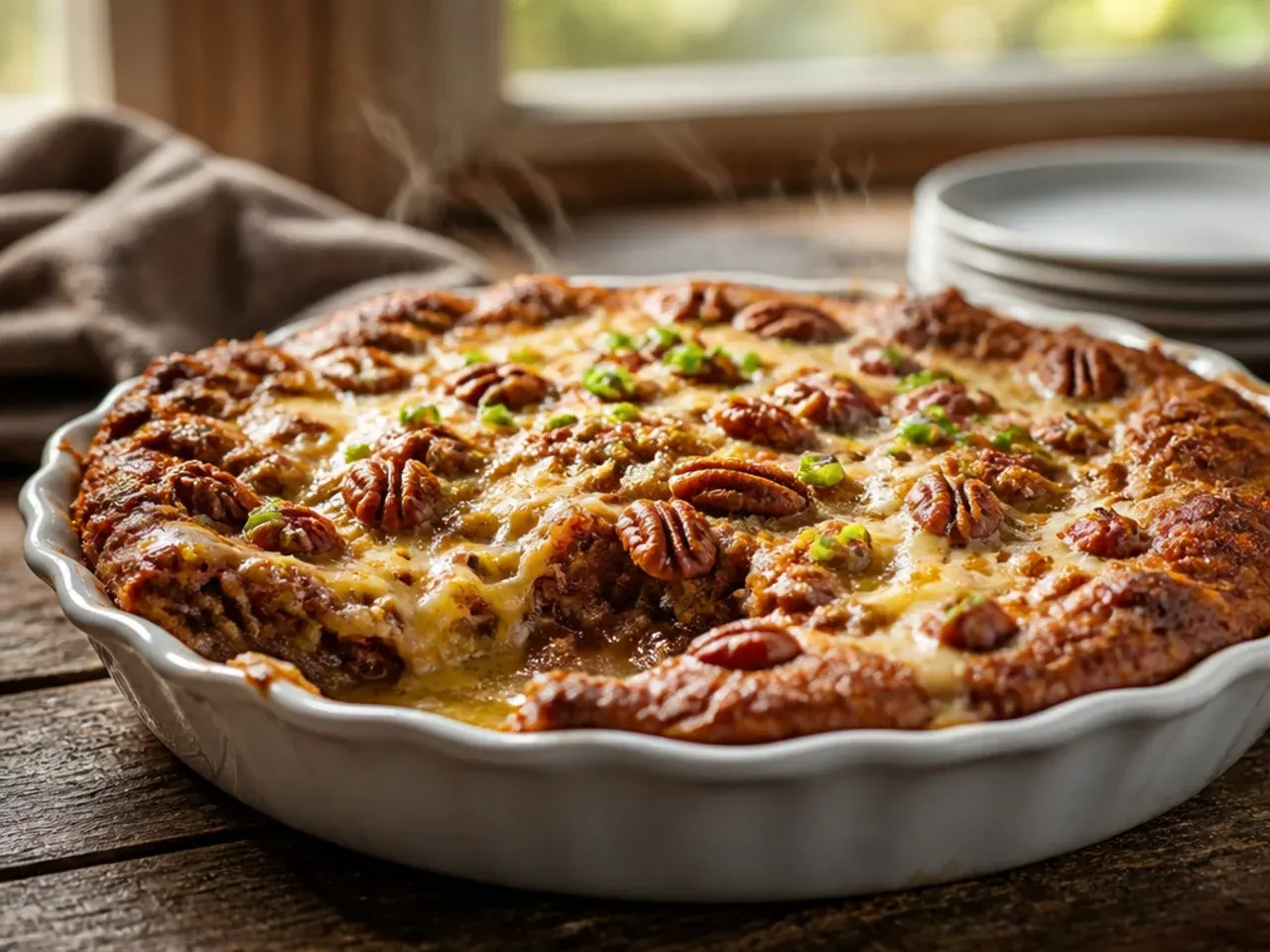 Creamy pecan pie cobbler with a scoop of vanilla ice cream melting into the sauce