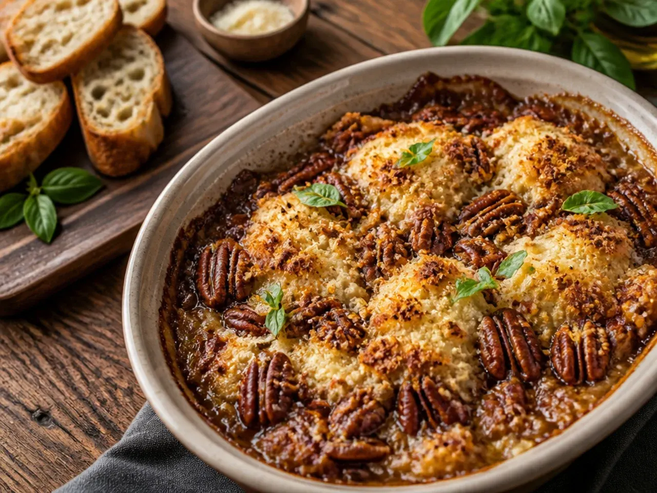 Simple six-ingredient pecan pie cobbler in a baking dish