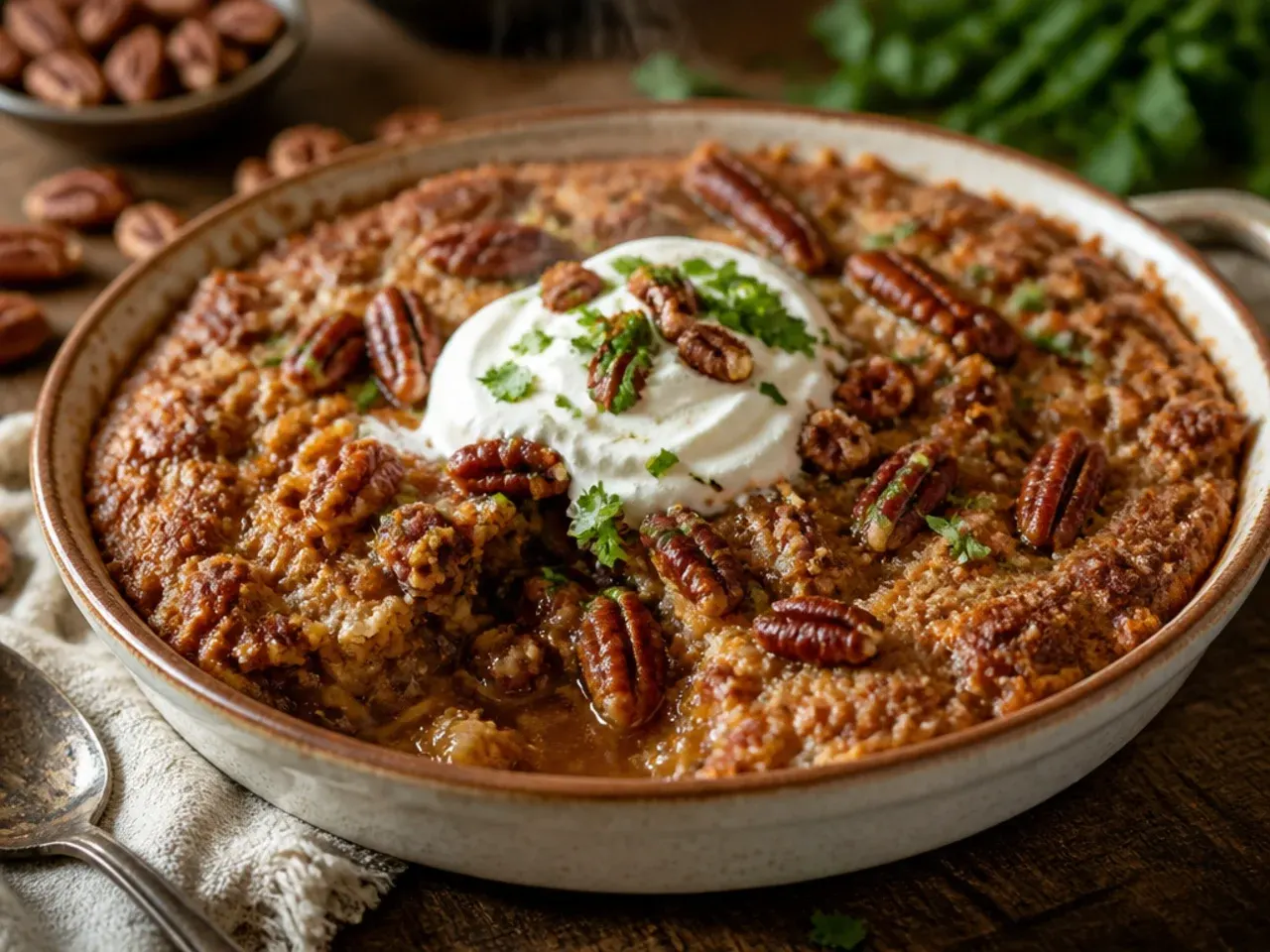 Zesty orange pecan pie cobbler with citrus zest scattered on top