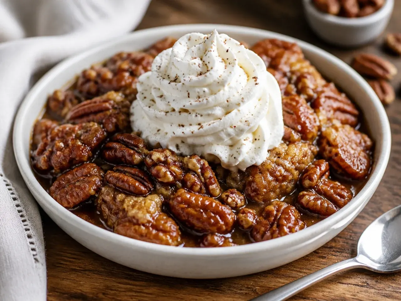 Wholesome pecan pie cobbler made with wholemeal flour and maple syrup