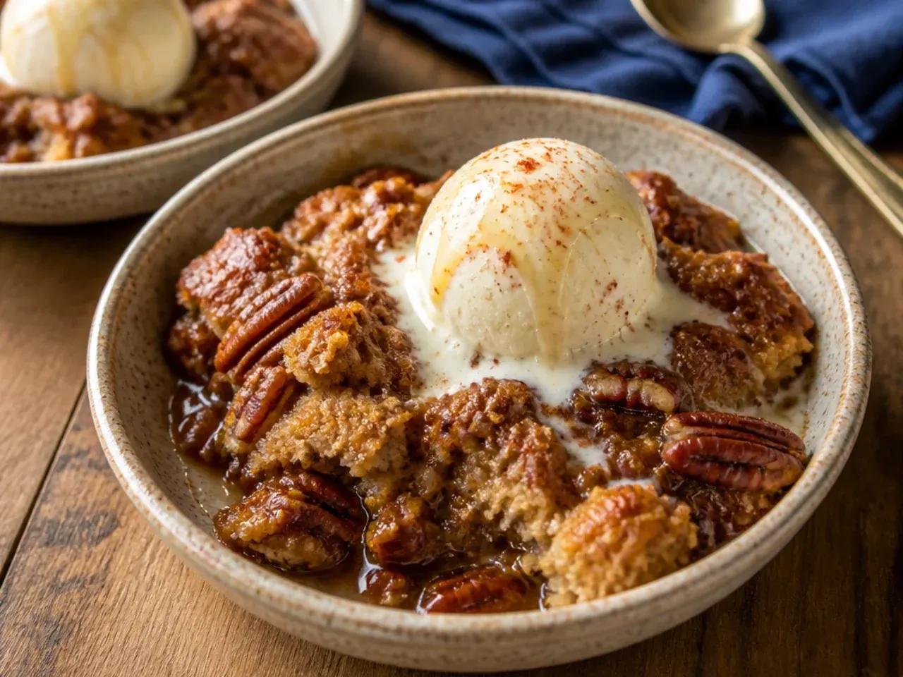 Quick weeknight pecan pie cobbler in a single baking dish