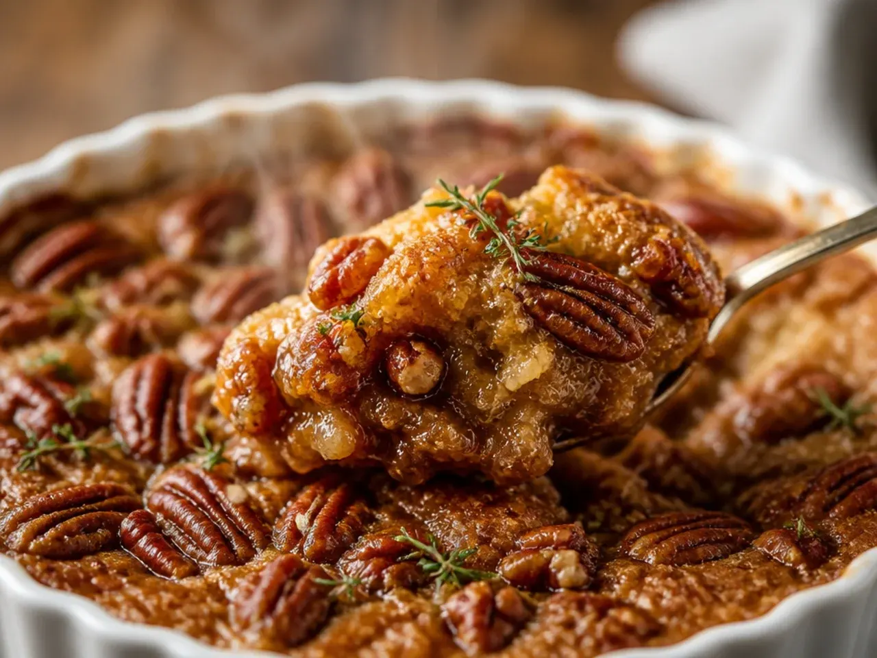 Rustic pecan pie cobbler baked in a cast iron skillet
