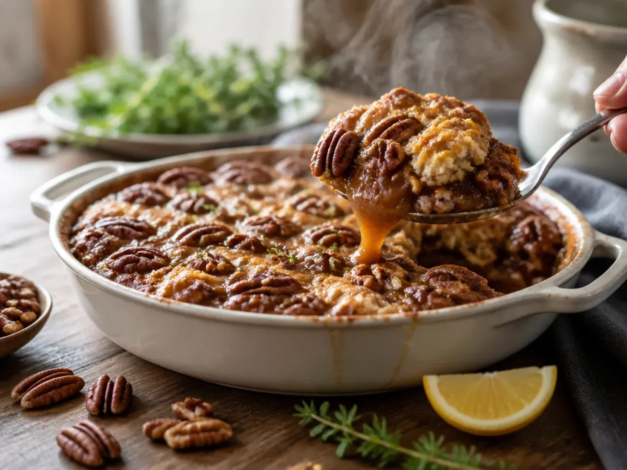Loaded pecan pie cobbler topped with chocolate chips and caramel drizzle