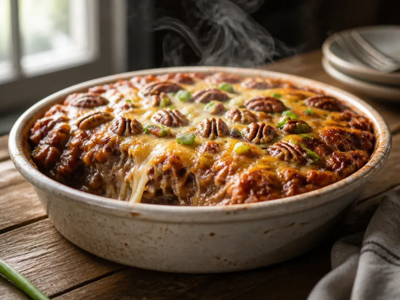 Family-size pecan pie cobbler in a large roasting tin with toppings