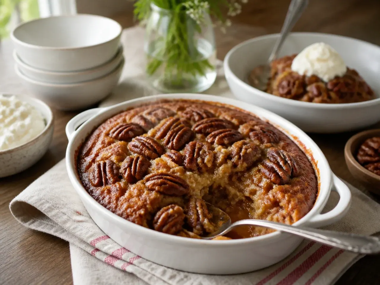 Bowl of pecan pie cobbler served with a scoop of vanilla ice cream