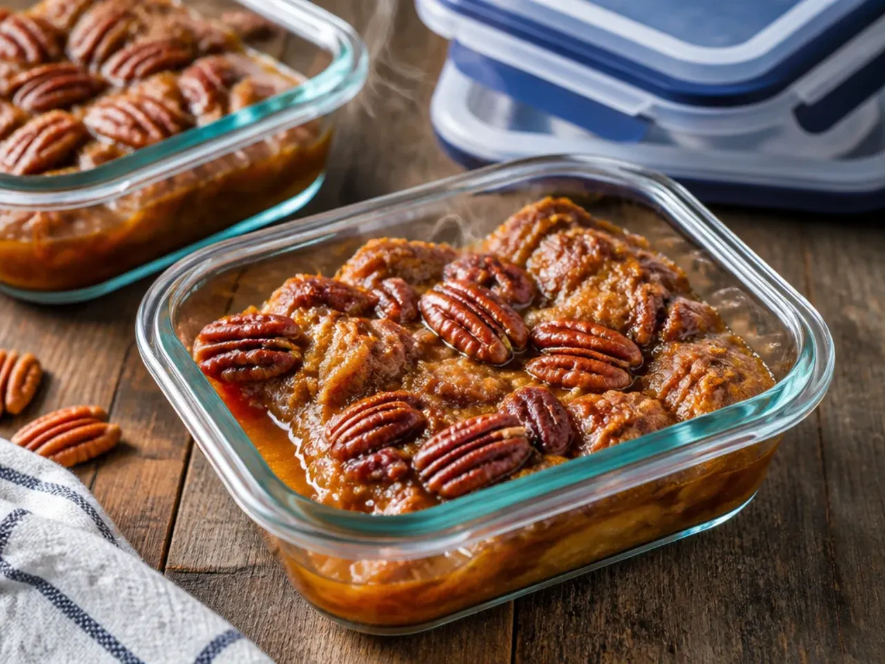 Leftover pecan pie cobbler stored in an airtight container
