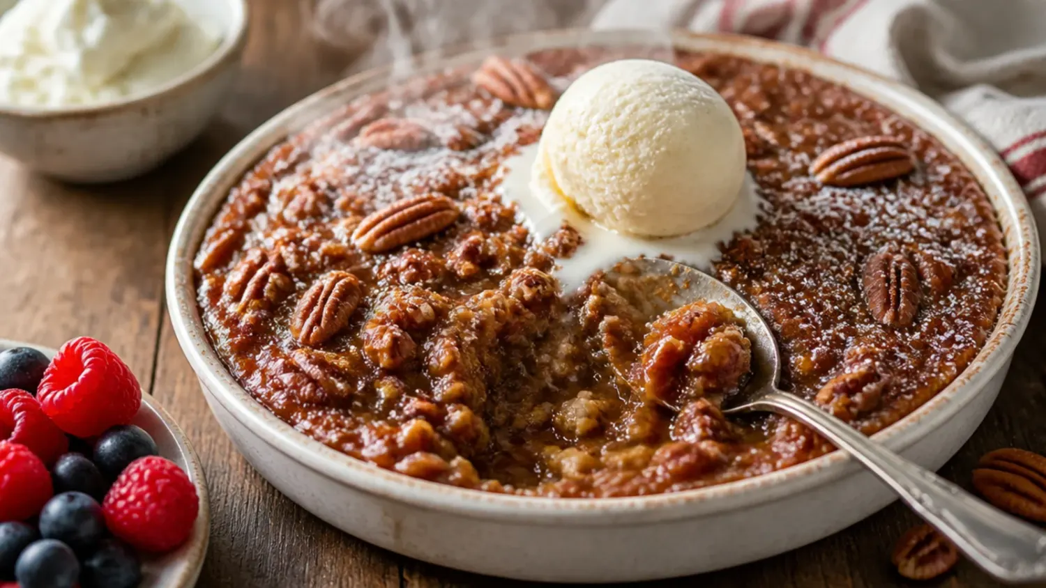 Overhead shot of pecan pie dip in a shallow dish with glossy caramel pecan topping, surrounded by digestive biscuits and apple slices for dipping