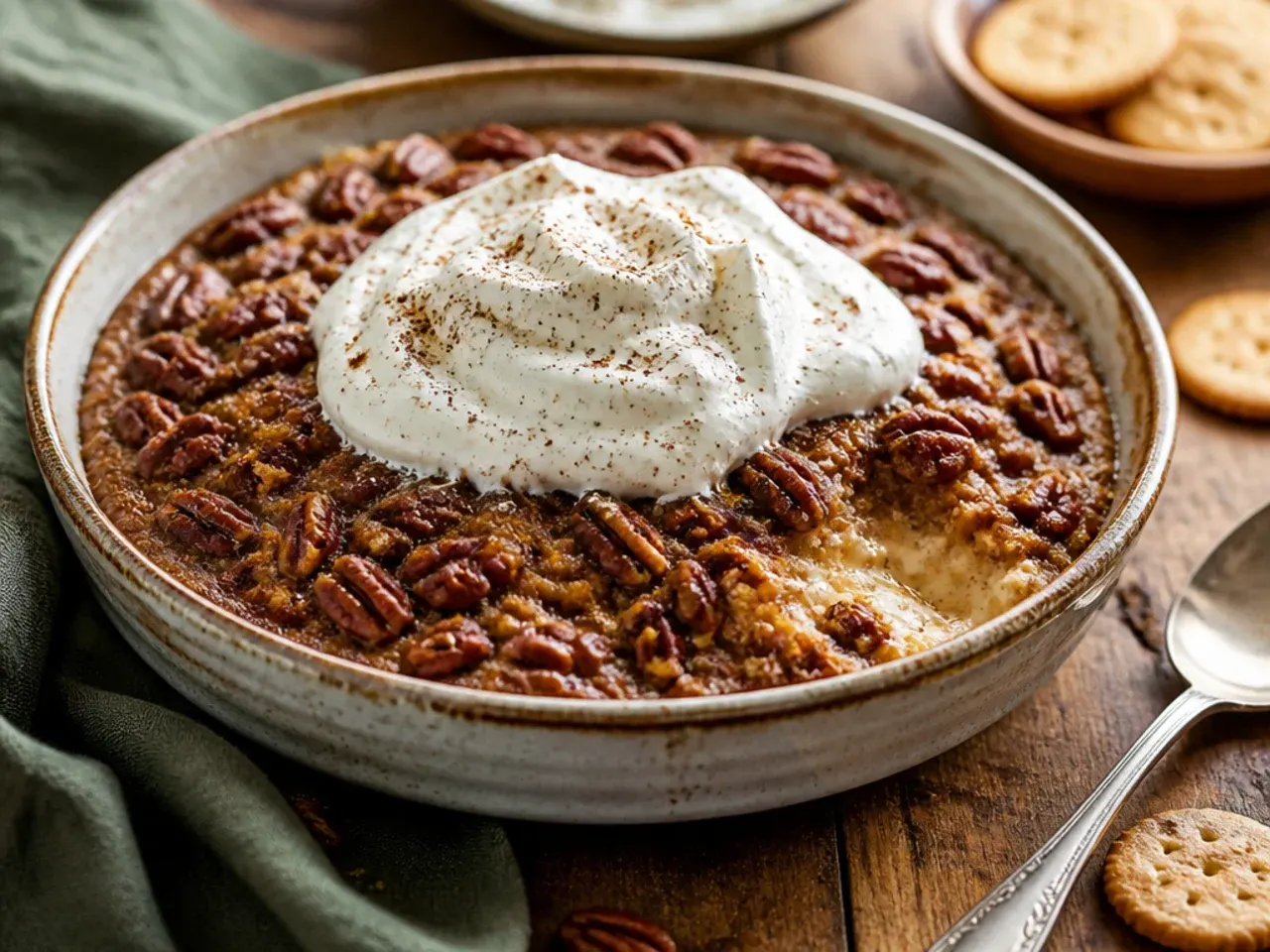 Softened cream cheese being beaten smooth in a mixing bowl for pecan pie dip