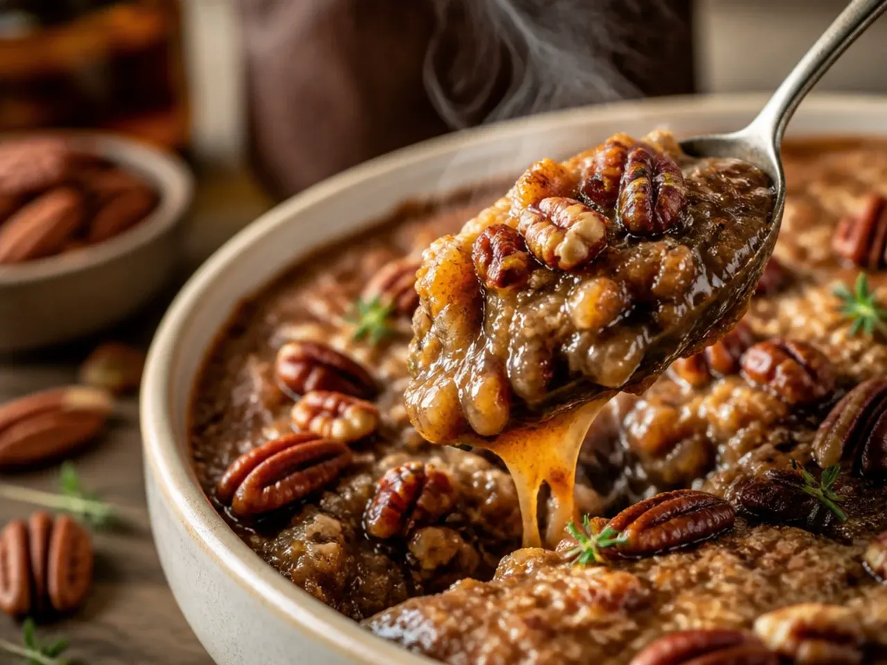 Bottle of golden syrup being poured into saucepan for pecan pie dip