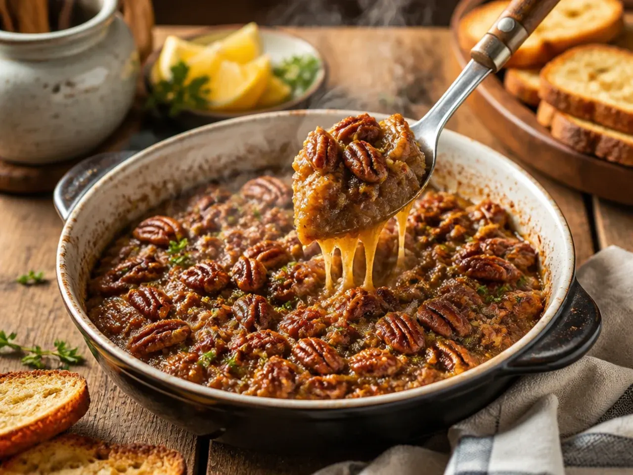 Chopped pecans toasting in a dry skillet for pecan pie dip