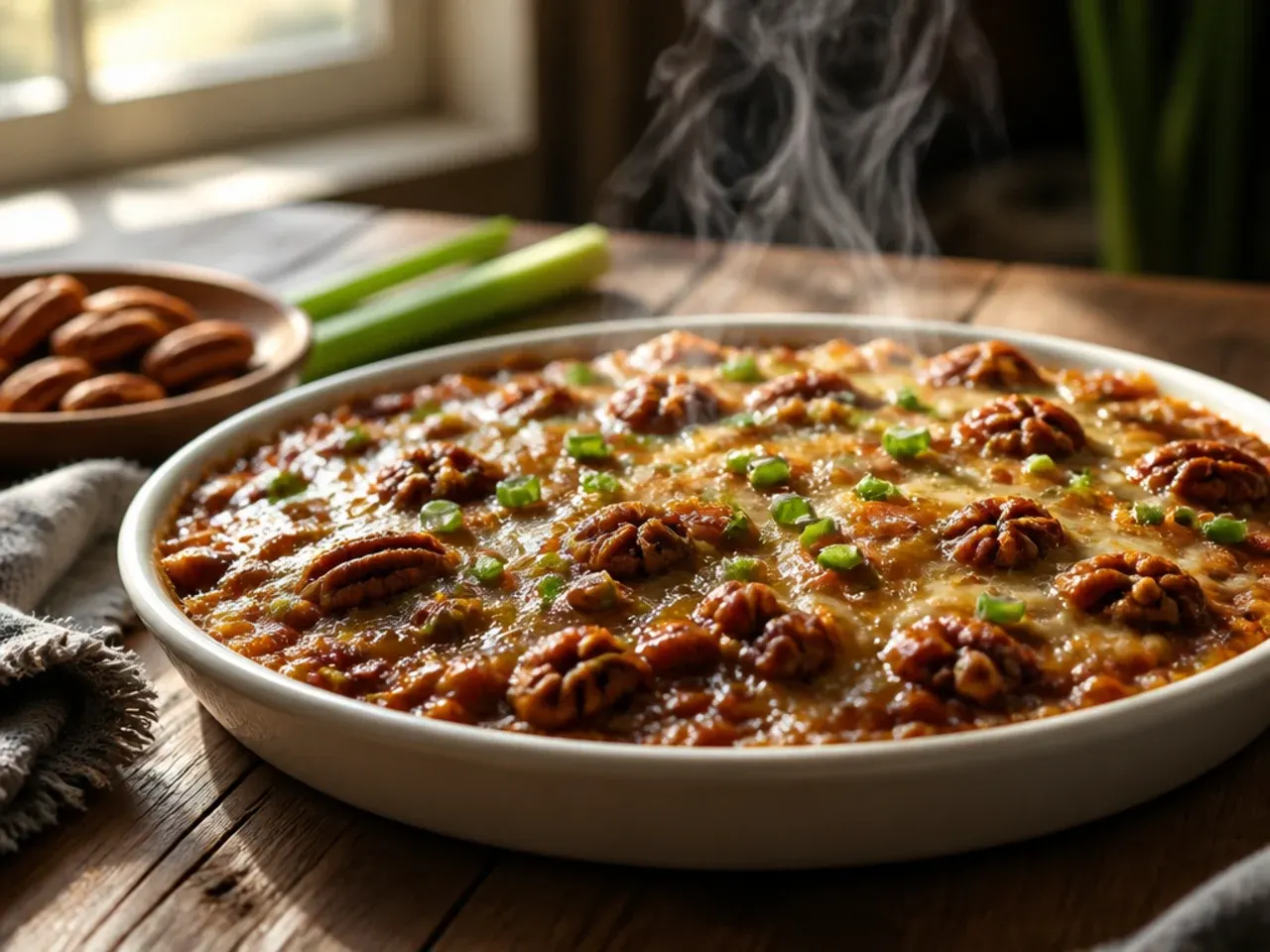 Pecan pie dip spread evenly in a shallow pie dish