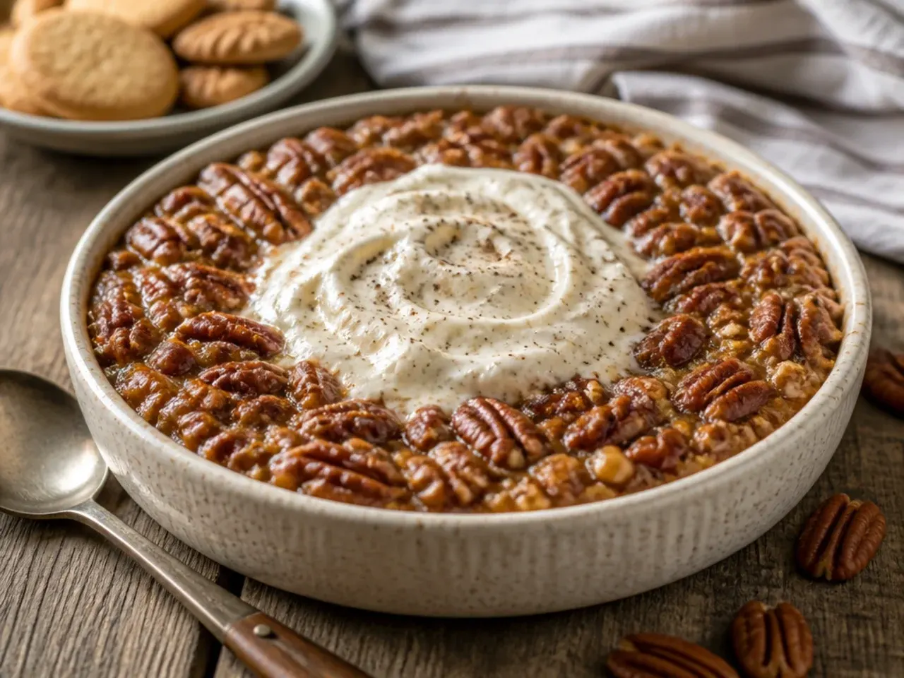 Pinch of salt being added to caramel sauce for pecan pie dip