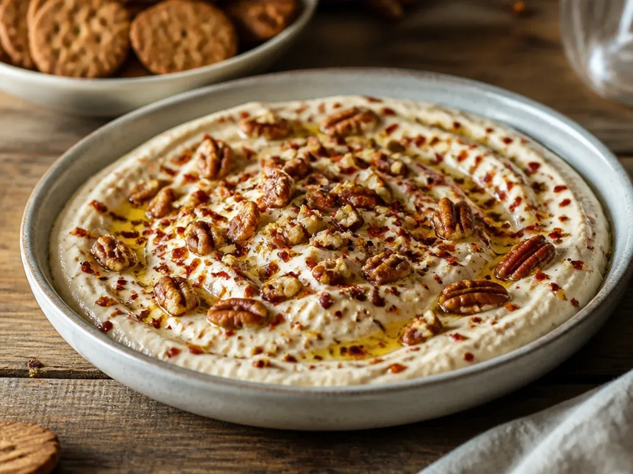 Chilled cream cheese base for pecan pie dip in the refrigerator