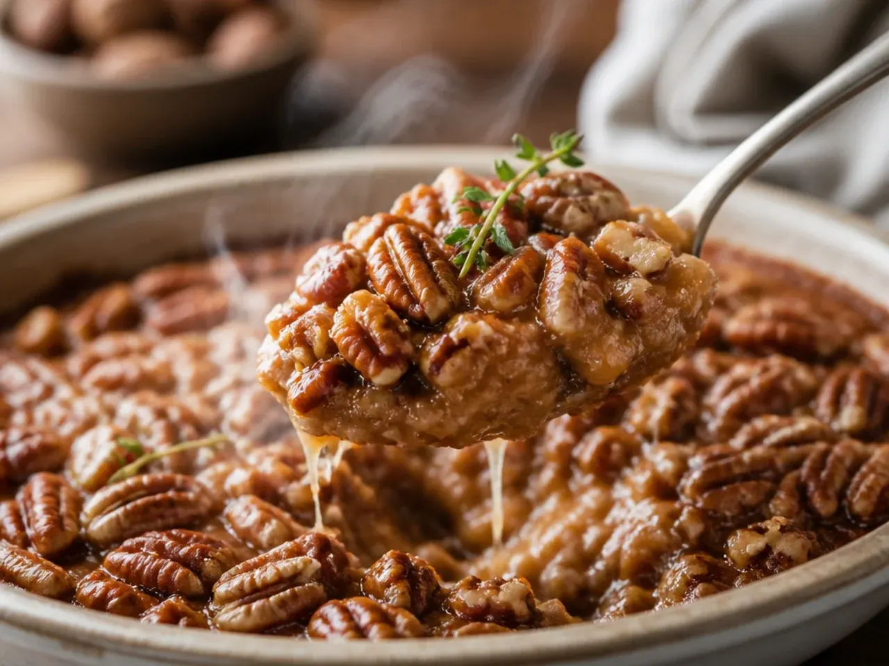 Chopped pecans mixed into caramel for pecan pie dip