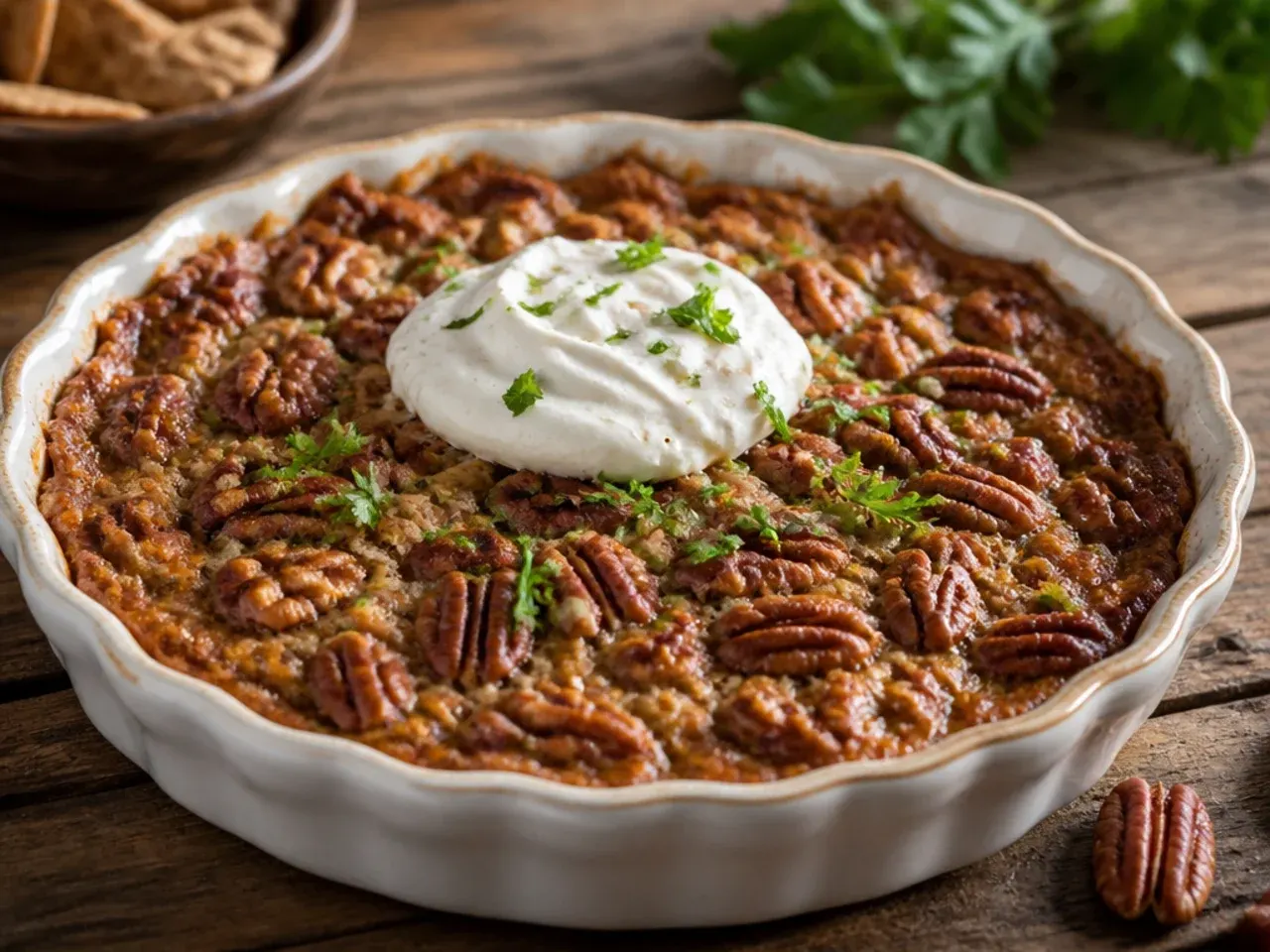 Pecan pie dip in an airtight container in the fridge