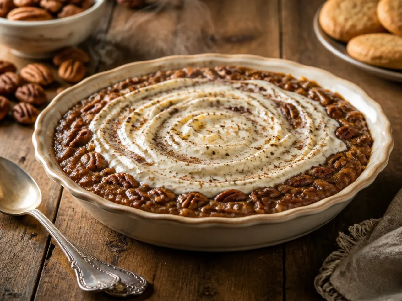 Pecan pie dip sitting on the counter softening before serving
