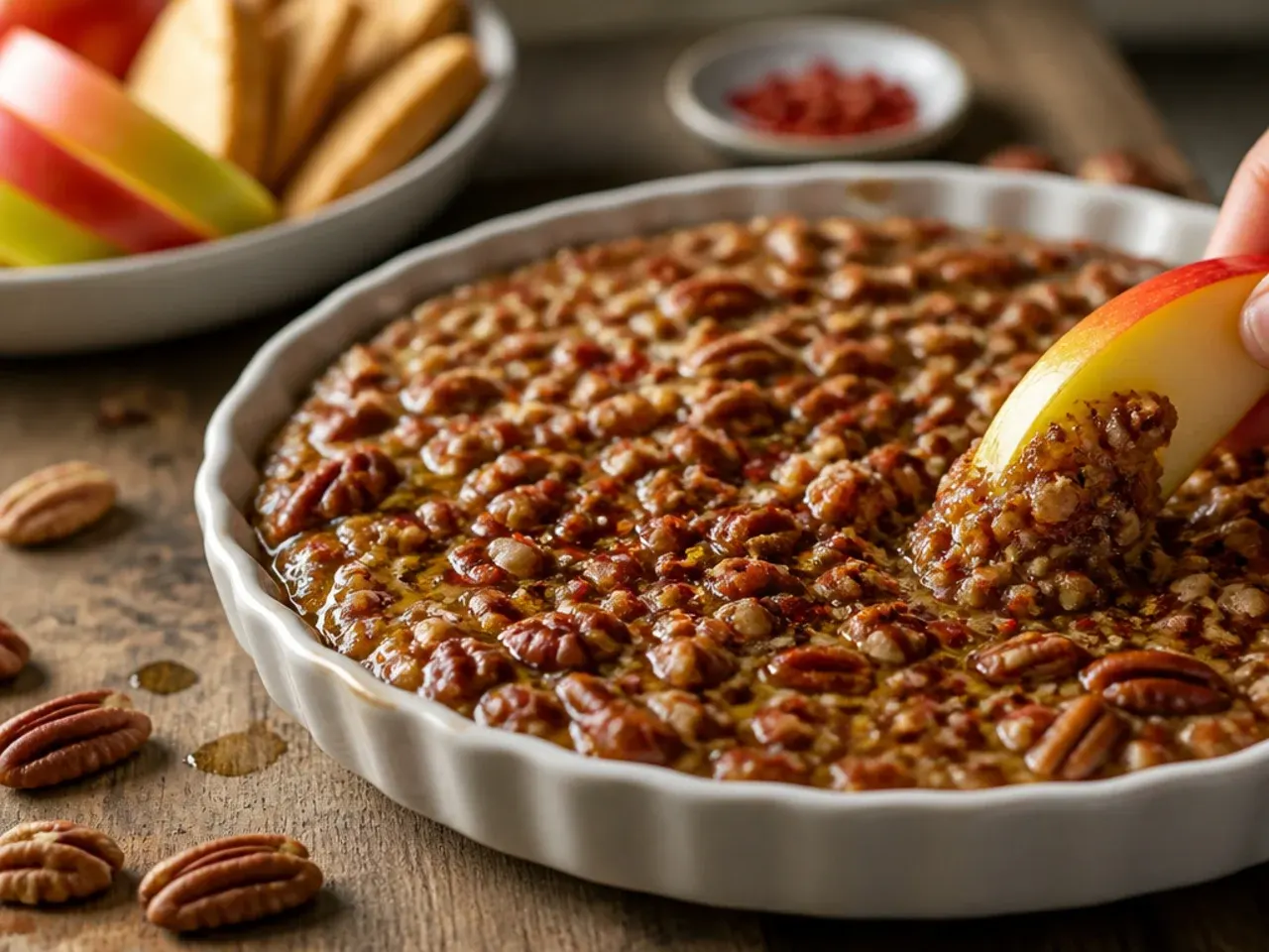 Digestive biscuits and apple slices arranged around pecan pie dip