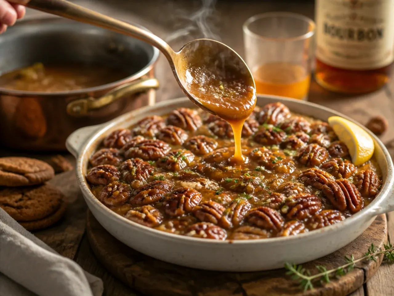 Splash of bourbon being stirred into pecan pie dip caramel