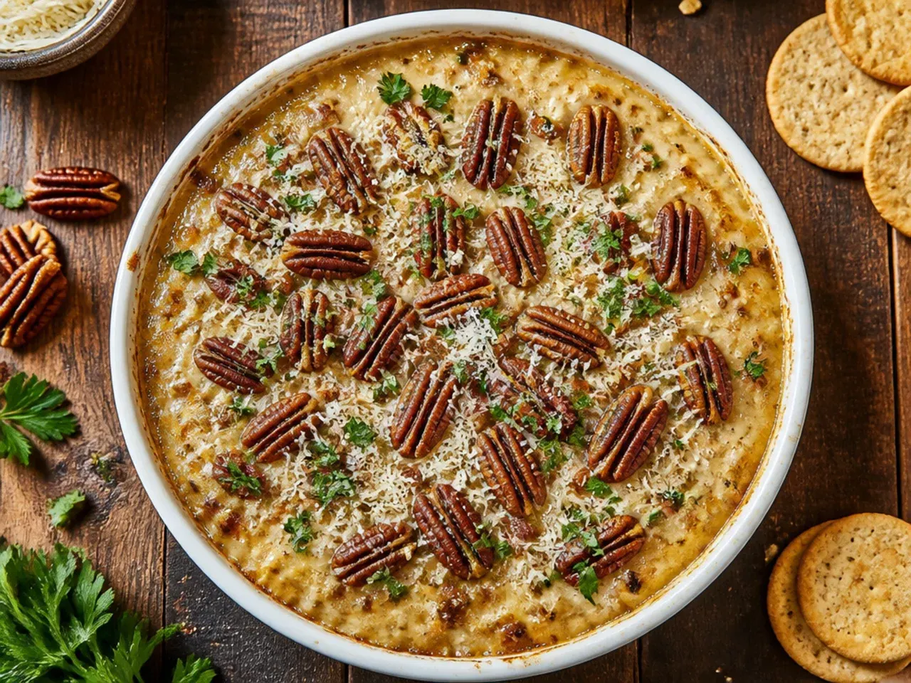 Pecan pie dip garnished with pecan halves and a caramel drizzle on top