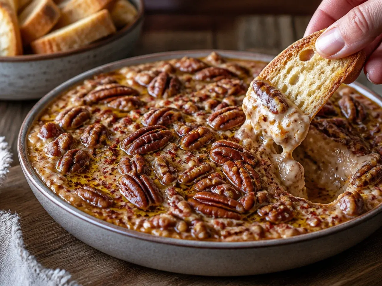 Pecan pie dip served at a party table with dippers arranged around it