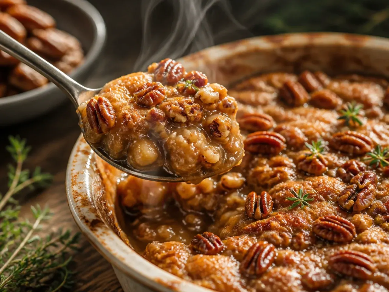 Jar of store-bought caramel sauce with pecans being stirred in for a shortcut pecan pie dip