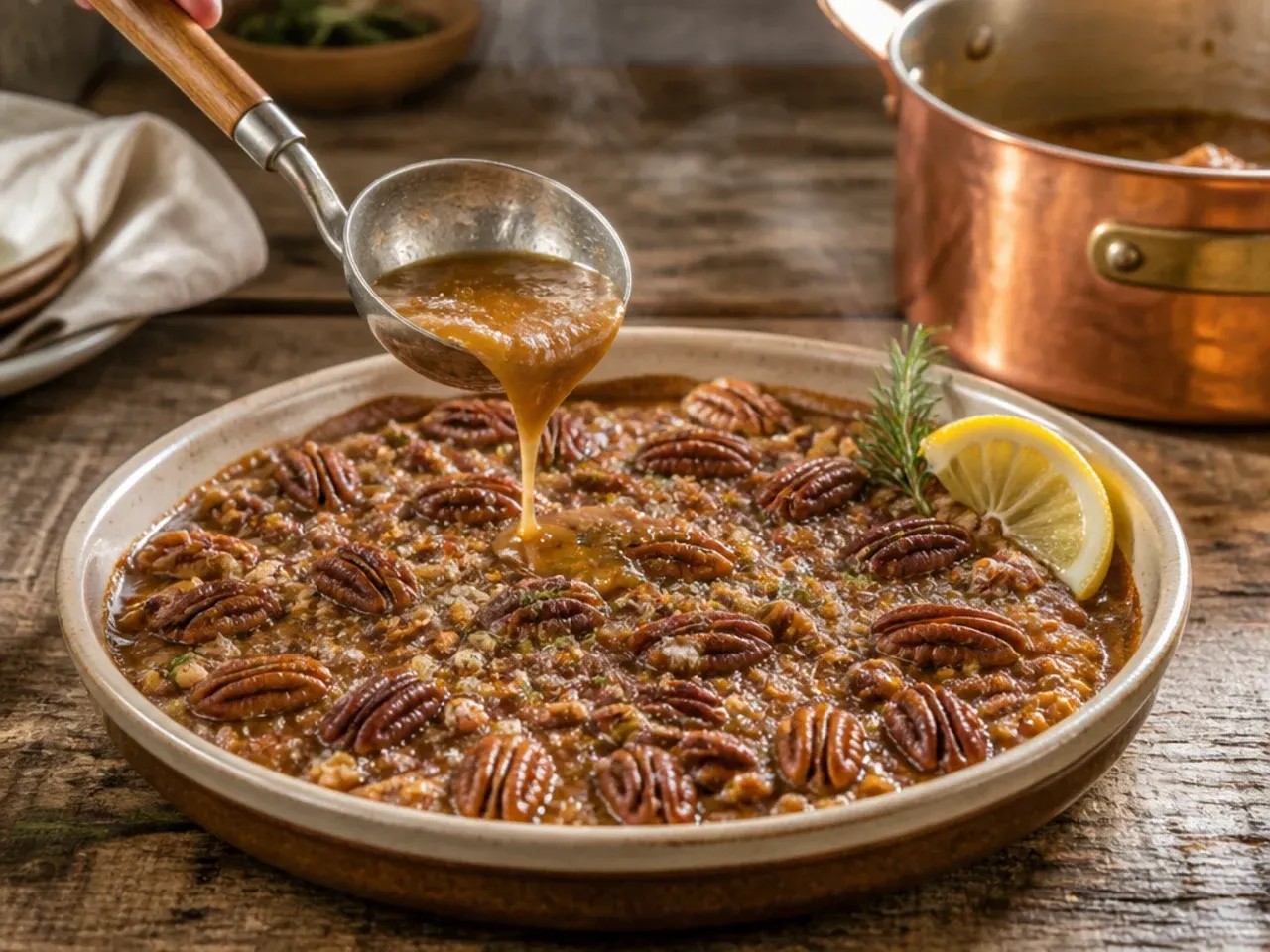 Testing caramel consistency with a spoon before pouring over pecan pie dip