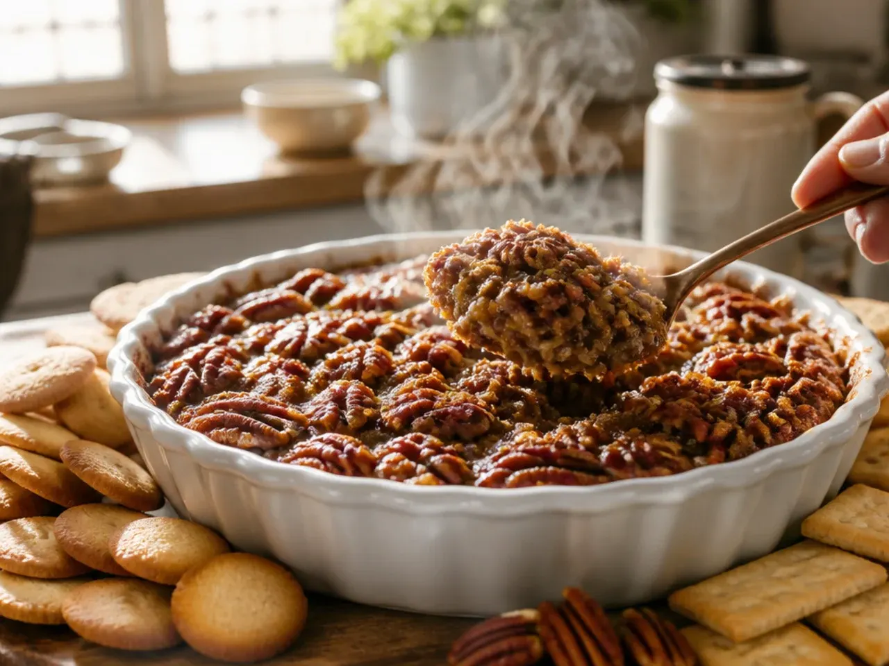 Finished pecan pie dip ready to serve with digestive biscuits and apple slices