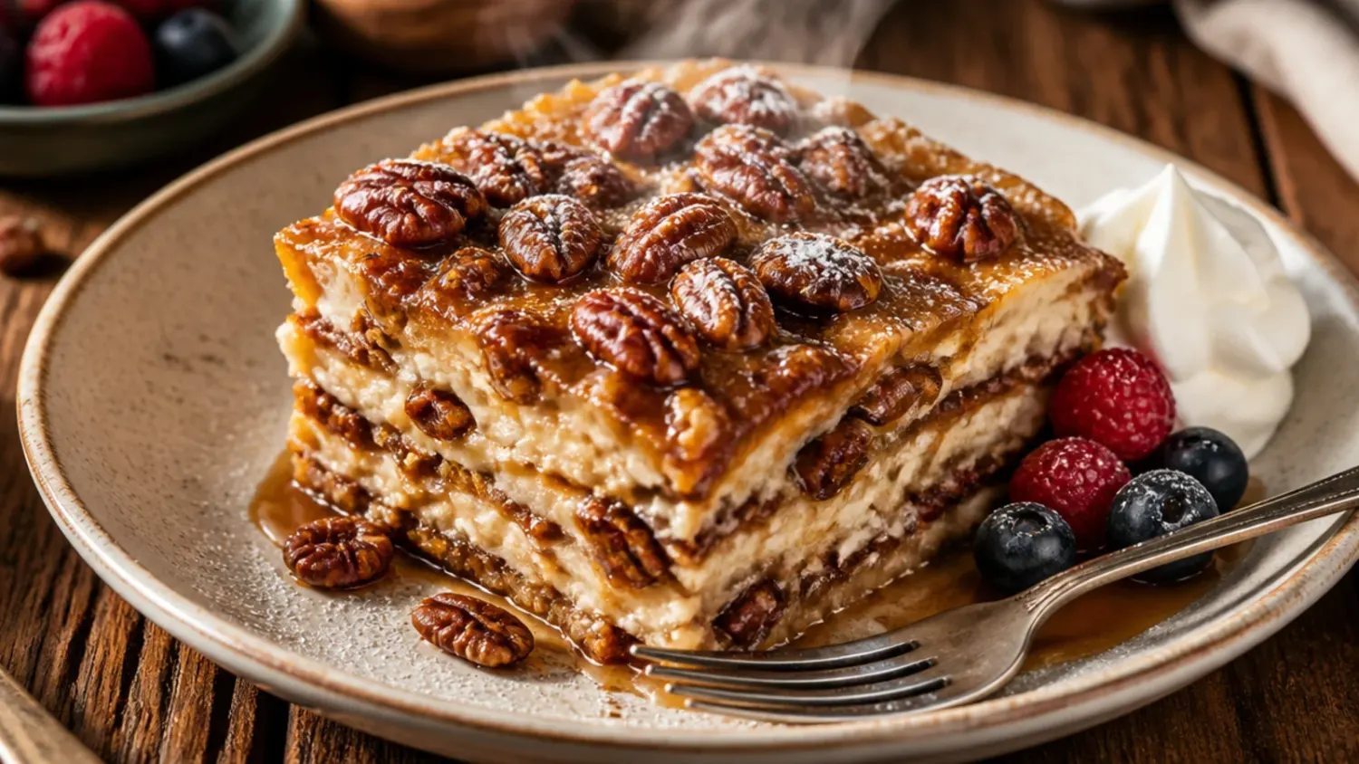Overhead view of pecan pie lasagna in a glass baking dish, cut into squares revealing layers of cream cheese, pecan filling and whipped cream