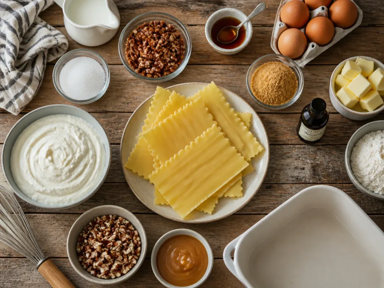 Close-up of pecan pie lasagna layers being spread with an offset spatula in a glass dish
