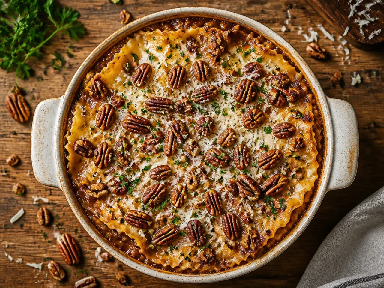 Sliced pecan pie lasagna squares stored in an airtight container in the fridge