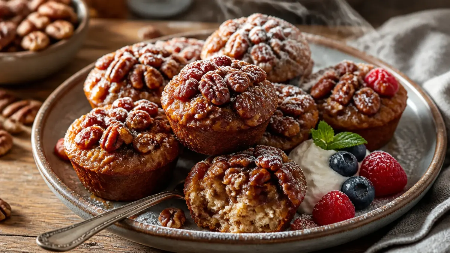 A batch of golden pecan pie muffins with toasted pecan tops cooling on a wire rack