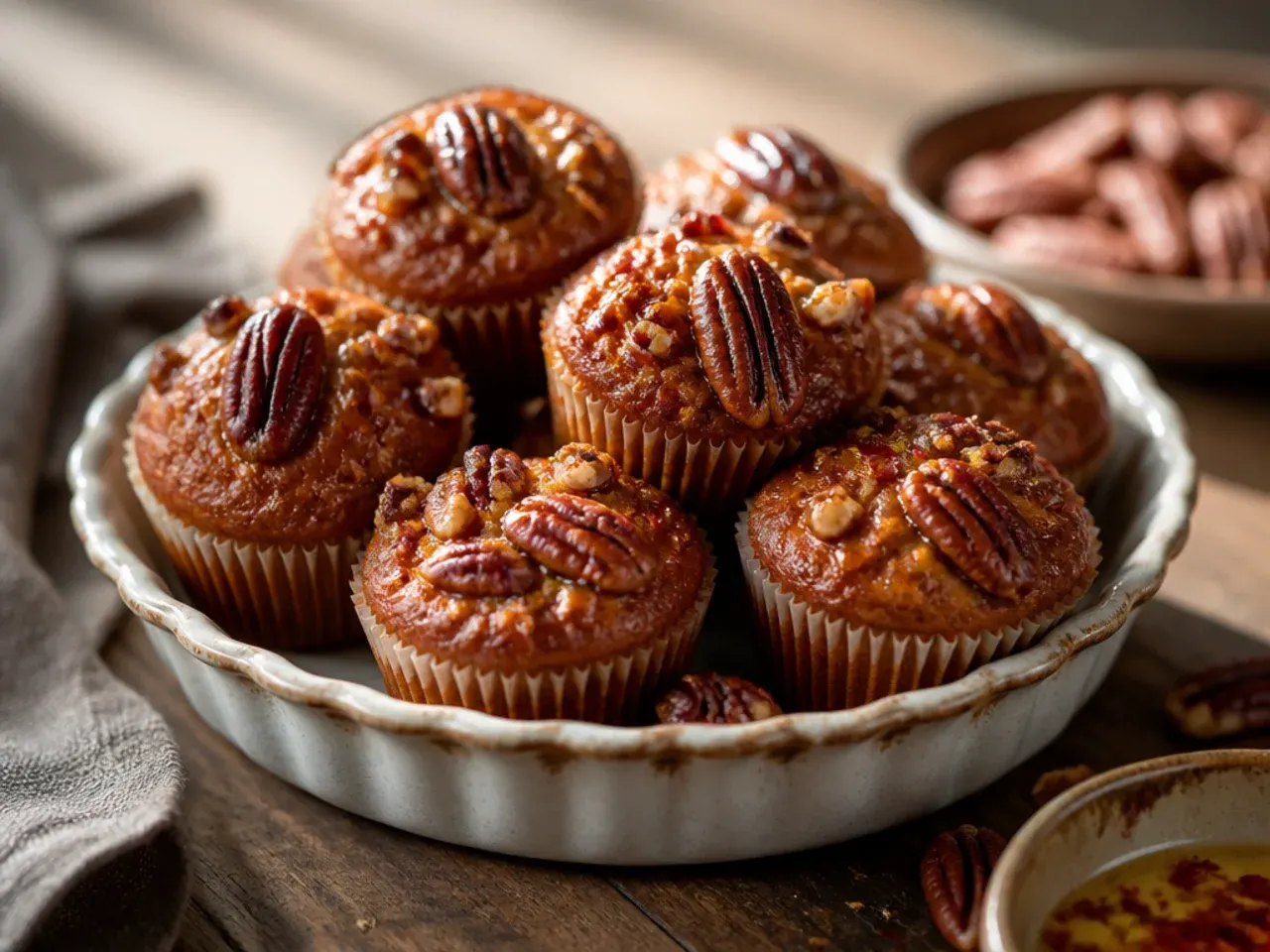 Pecan pie muffin peeled cleanly from a greased liner