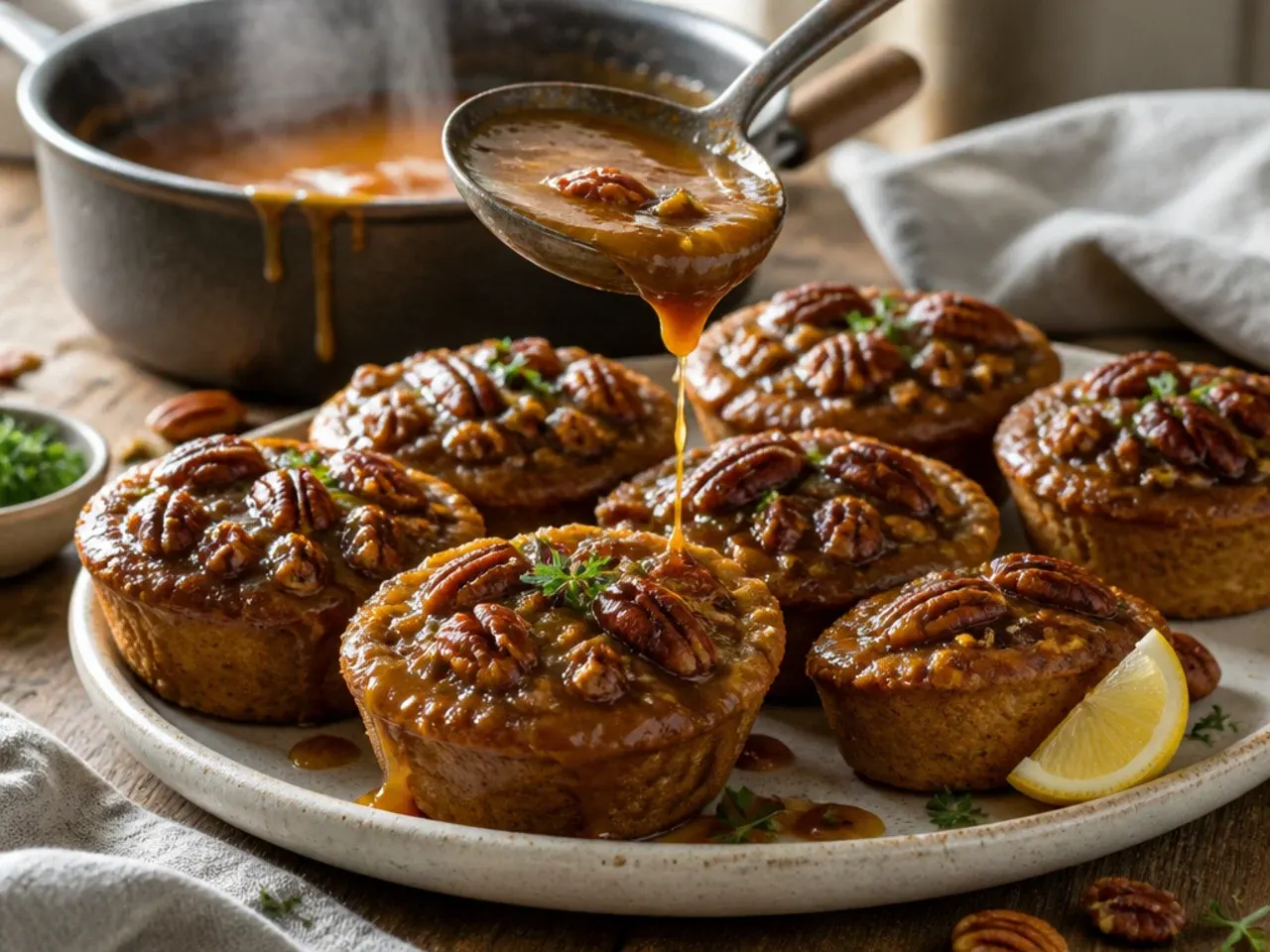 Muffin tin with cups filled two-thirds with pecan batter