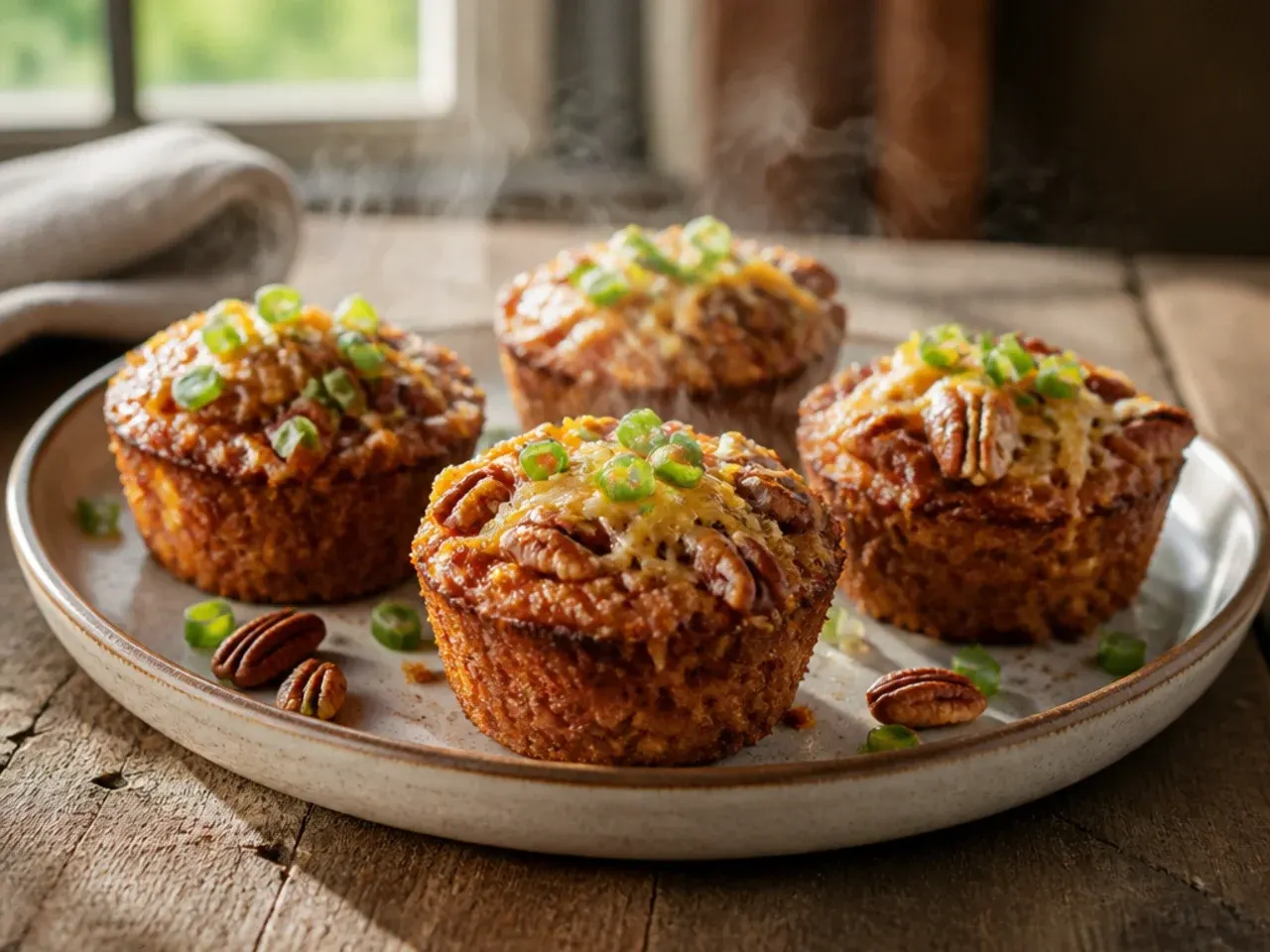 Golden baked pecan pie muffins fresh out of the oven