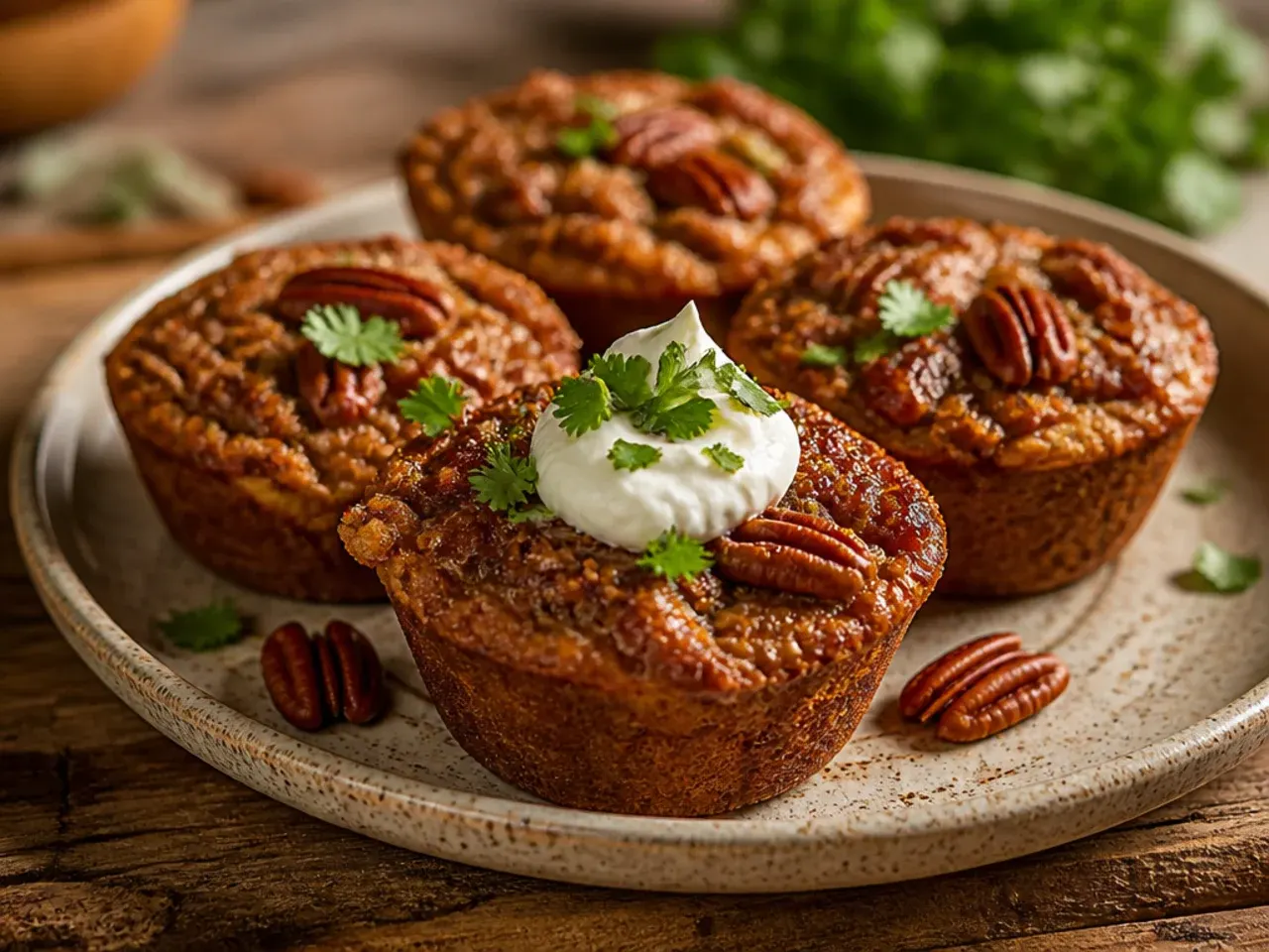 Pecan pie muffin on a plate being reheated
