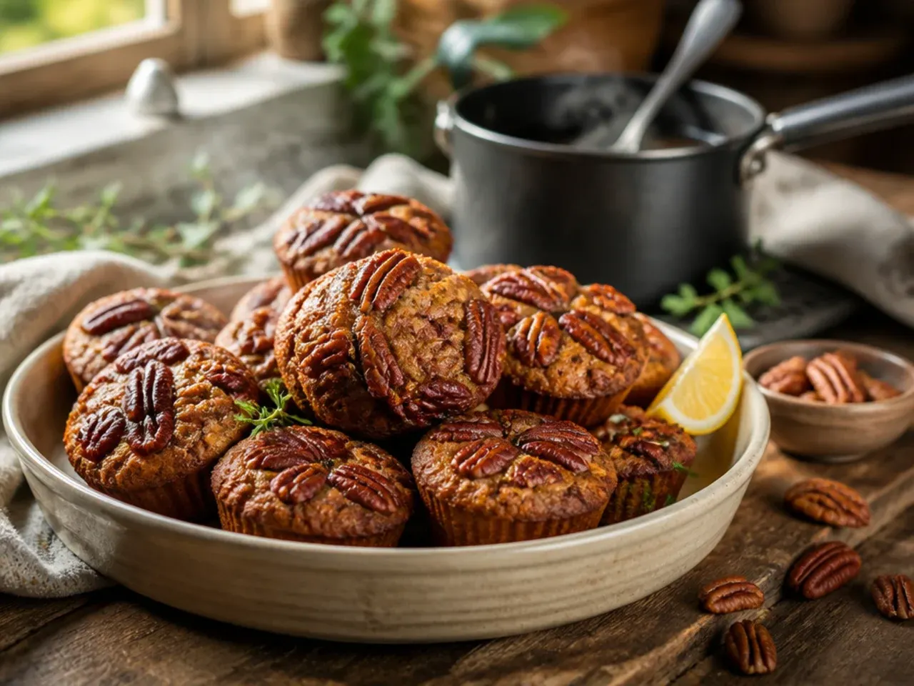 Pecan halves arranged on top of unbaked muffin batter