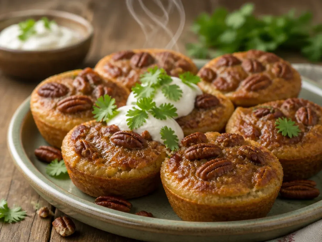 Warm pecan pie muffin served on a small plate