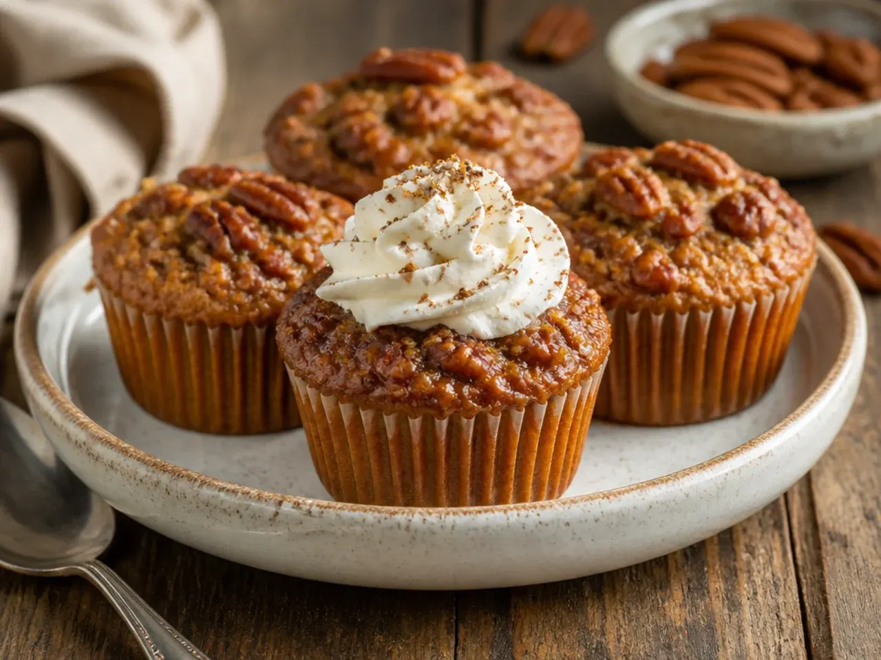 Toothpick testing the centre of a baked muffin, avoiding pecans