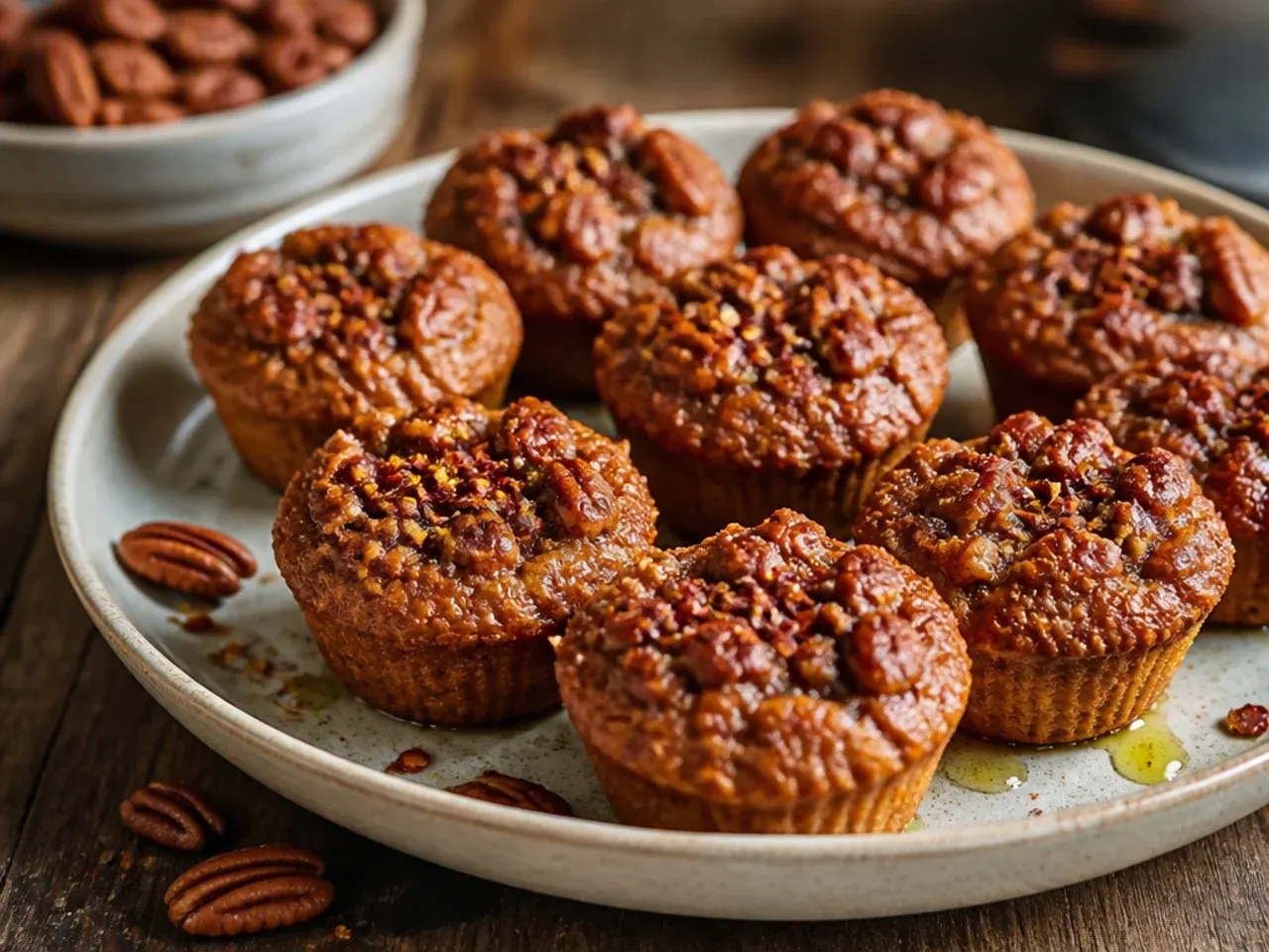 Jumbo-sized pecan pie muffins in a large muffin tin