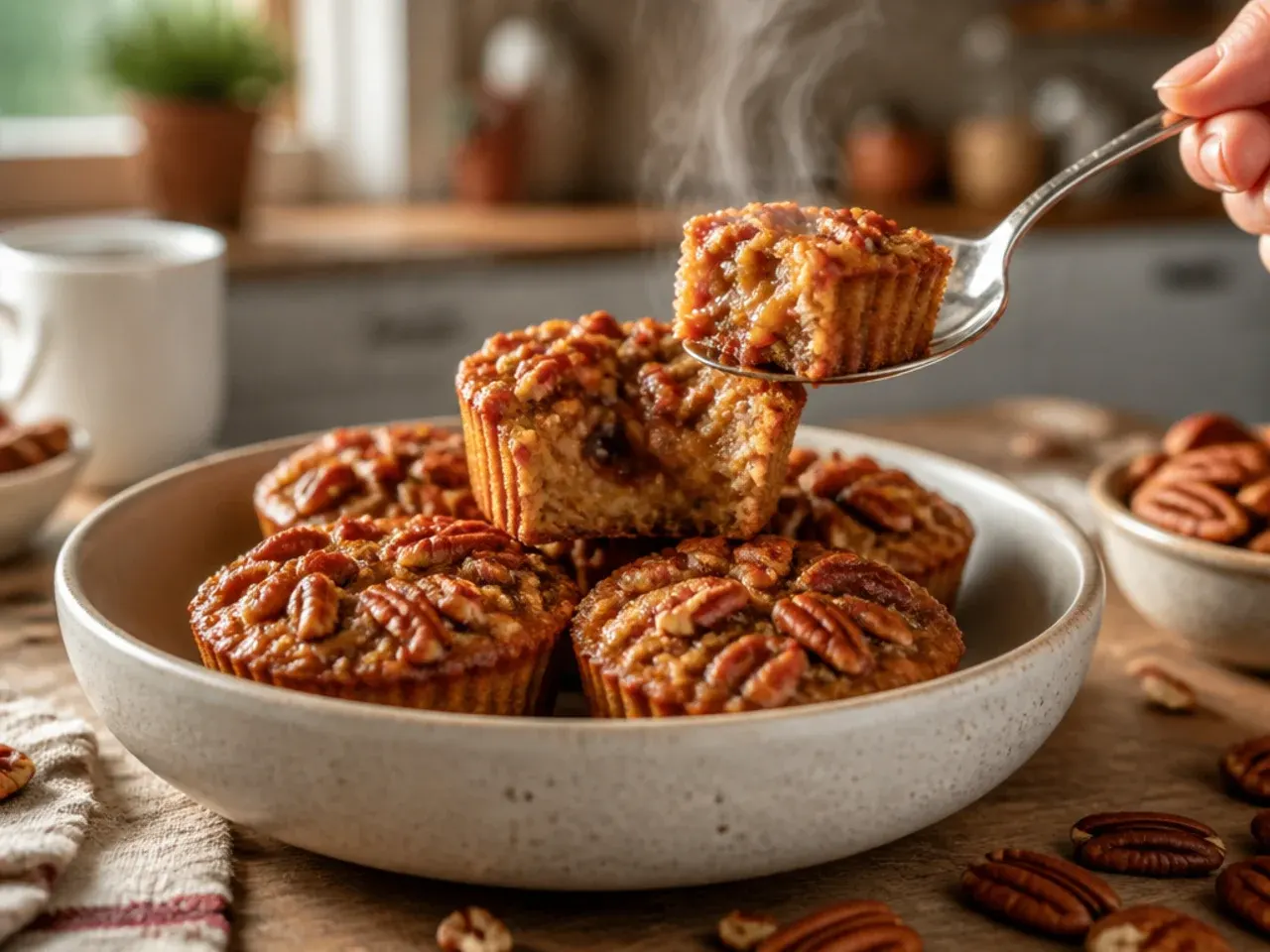 Batch of finished pecan pie muffins arranged on a serving platter